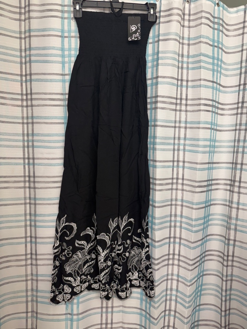 Black Embroidered Maxi Skirt with White Floral Hem